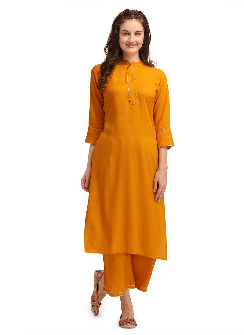 Yellow Fancy Designer Ethnic Regular Wear Rayon Printed Kurti And Palzzo Stylish Latest Collection 142